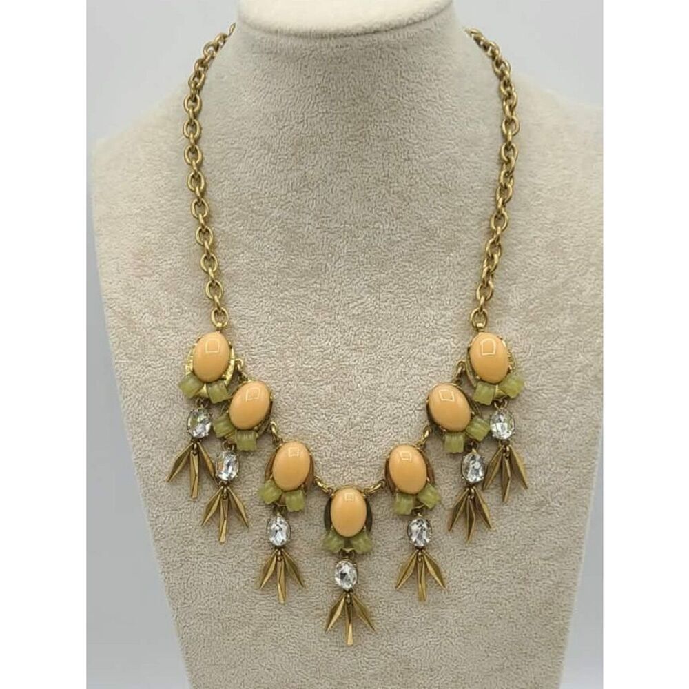 J Crew Peach Resin Clear Crystal Gold Tone Necklace
